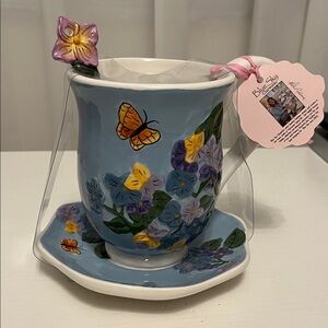 Blue Sky Butterfly and Hydrangea Floral Teacup, Saucer, and Spoon Set - New